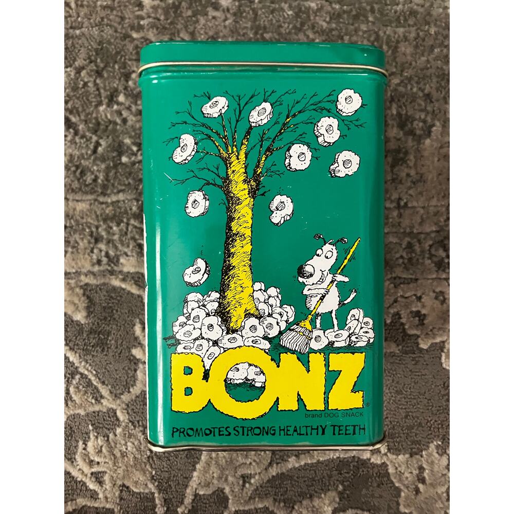 Vintage 1988 Purina Bonz Dog Snack Tin Green Yellow Cartoon Canister